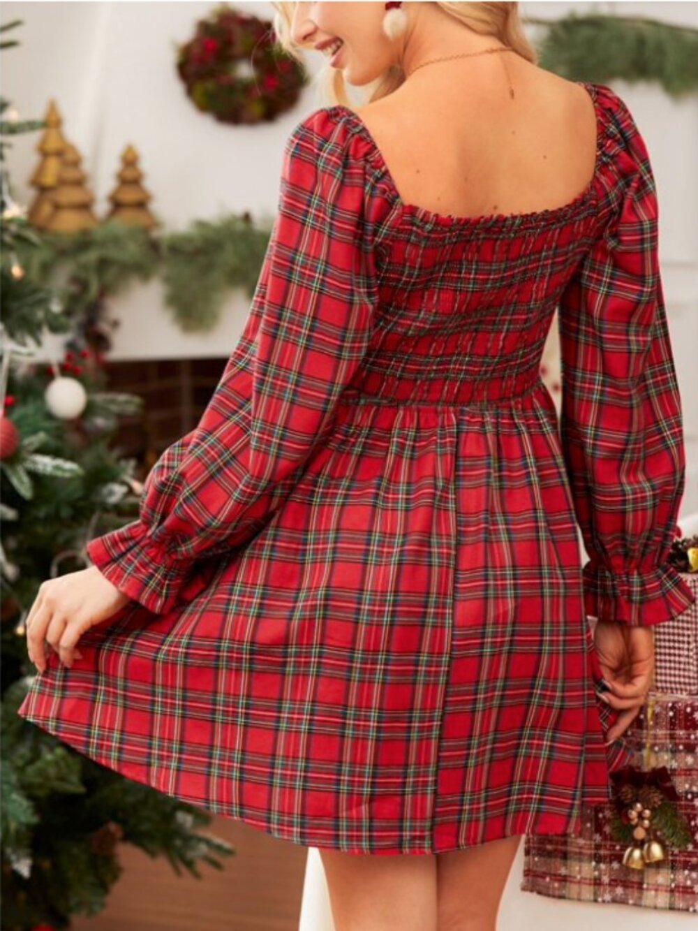 Cupshe Women's Red Plaid Square Neck Puff Sleeve Mini Dress - Picture 3 of 6